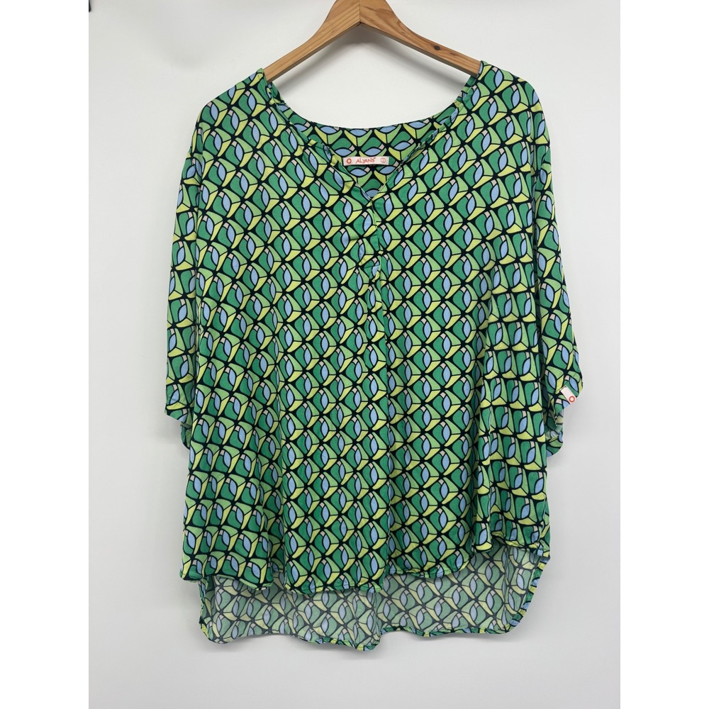 Alyans Shirt Women XXL Green Geometric Abstract Lightweight Retro Mod‎ Vacation